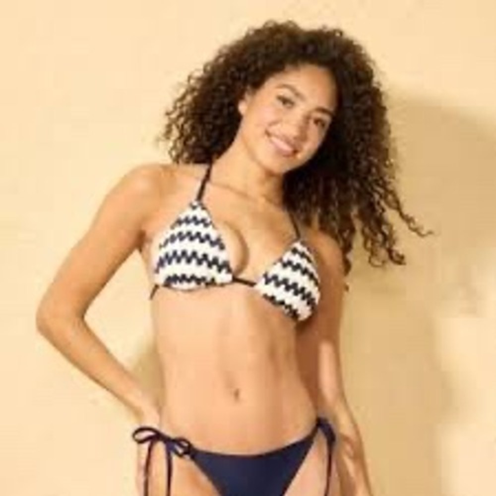 Shade & Shore Womens Crochet Triangle Bikini Top Navy Striped Halter M 8-10